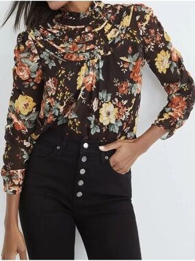 Veronica Beard Floral Ares Shirt Brown Size XS Smocked Feminine Romantic Silk